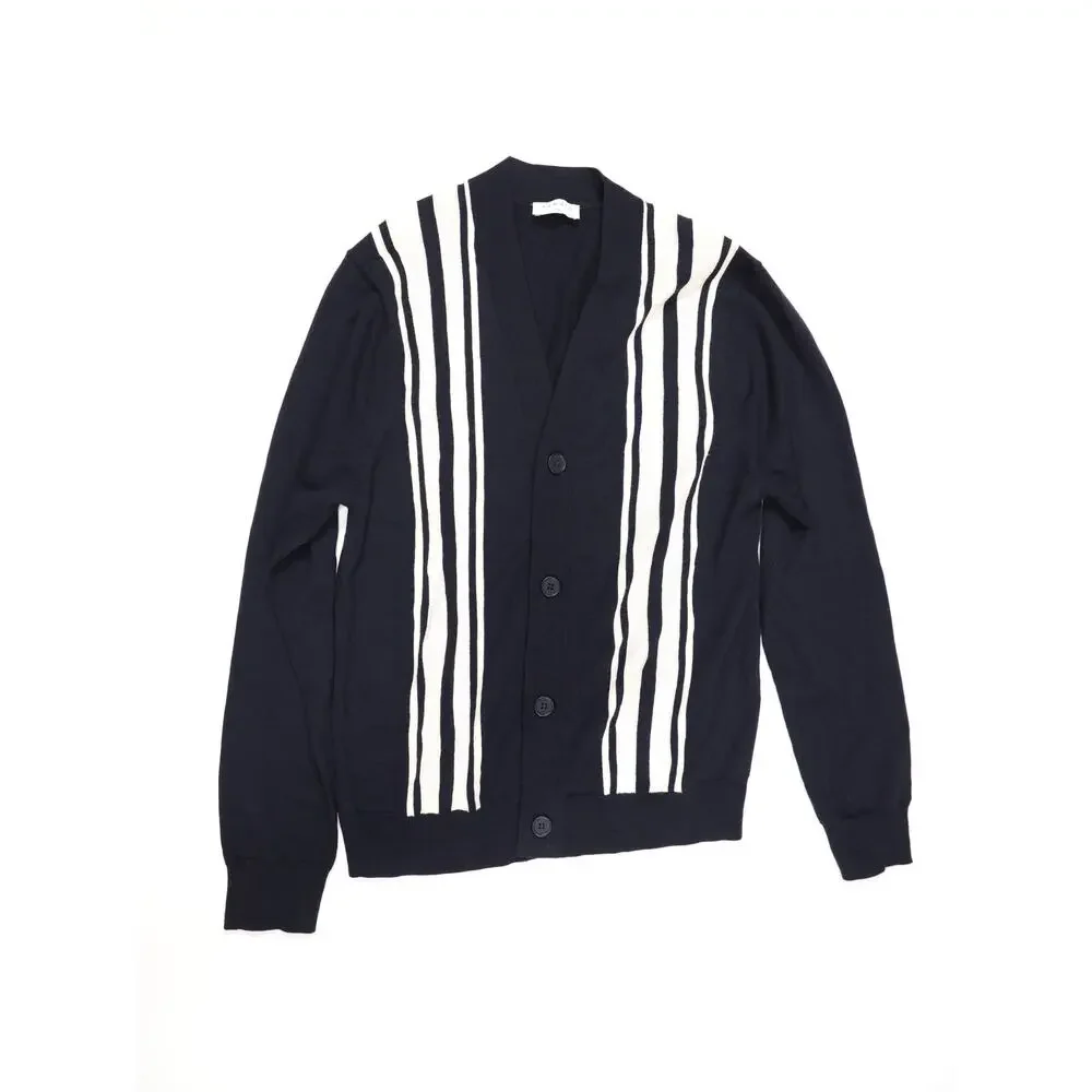 Quiet Luxury Sandro Paris Mens 100% Wool Navy Striped Cardigan Minimalist Preppy